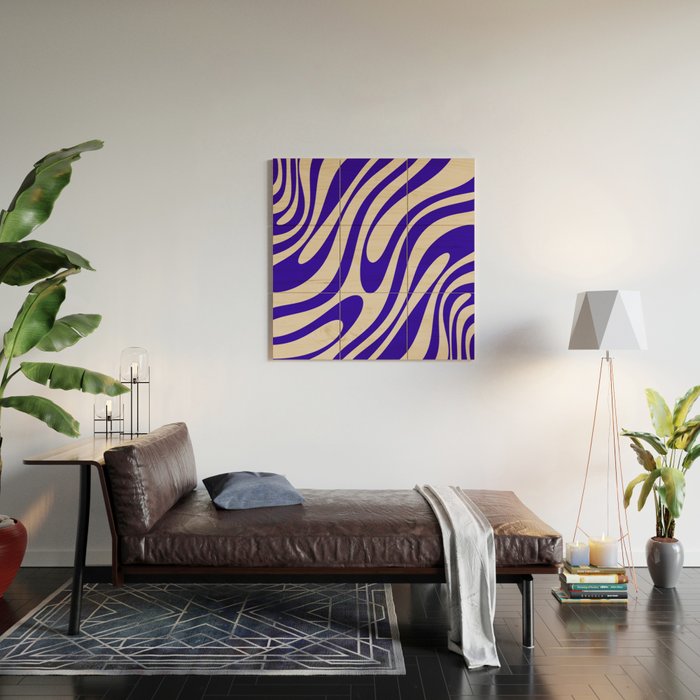 Wavy Loops Retro Abstract Pattern in Cobalt Blue and Beige Wood Wall Art Gallery Image 2