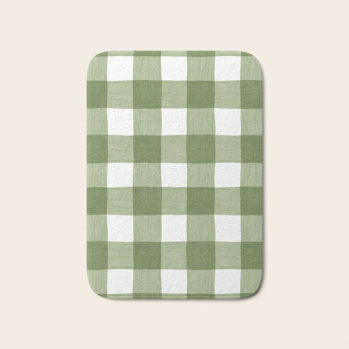 Hand Painted Gingham in Sage Green  Bath Mat Gallery Image 1