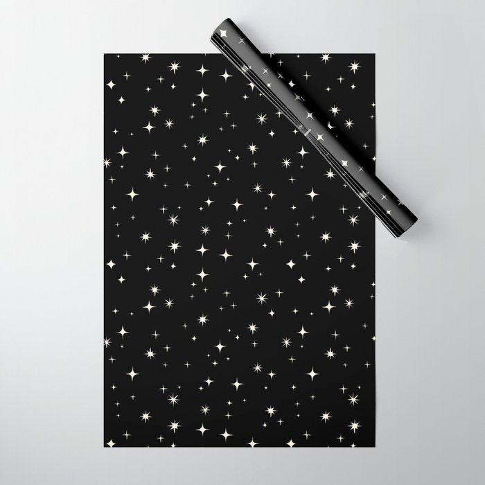 Hand drawn vintage stars - Cream over black Wrapping Paper Gallery Image 1