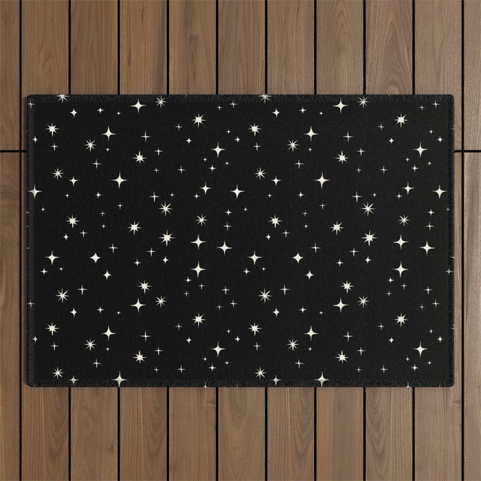 Hand drawn vintage stars - Cream over black Outdoor Rug Gallery Image 1