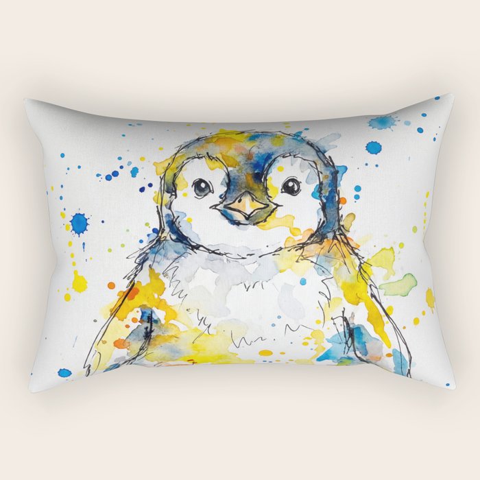 Baby Penguin Watercolour Ink Line Splatter Art Print Rectangular Pillow Gallery Image 2