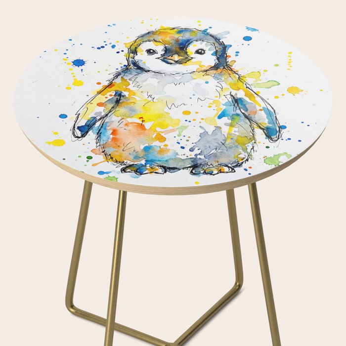 Baby Penguin Watercolour Ink Line Splatter Art Print Side Table Gallery Image 2