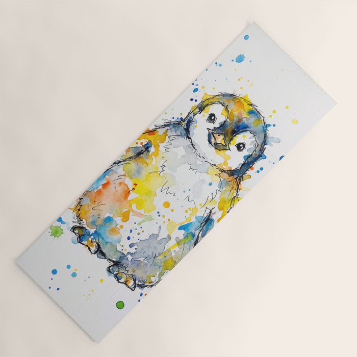 Baby Penguin Watercolour Ink Line Splatter Art Print Yoga Mat Gallery Image 1