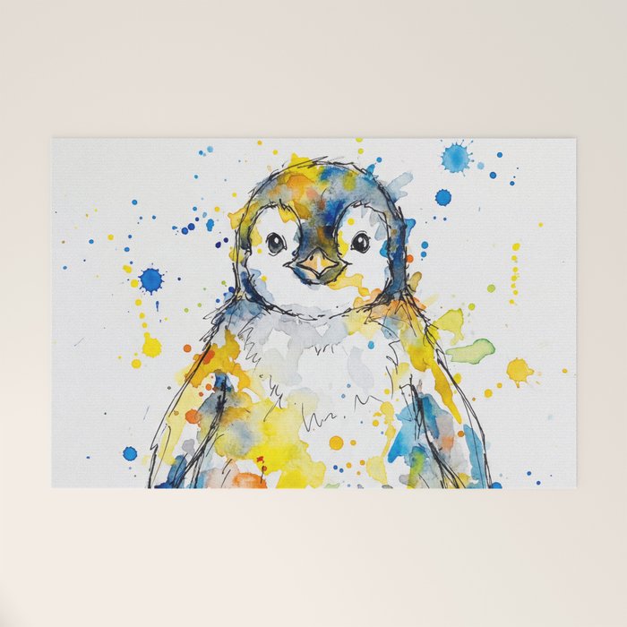 Baby Penguin Watercolour Ink Line Splatter Art Print Welcome Mat Gallery Image 1