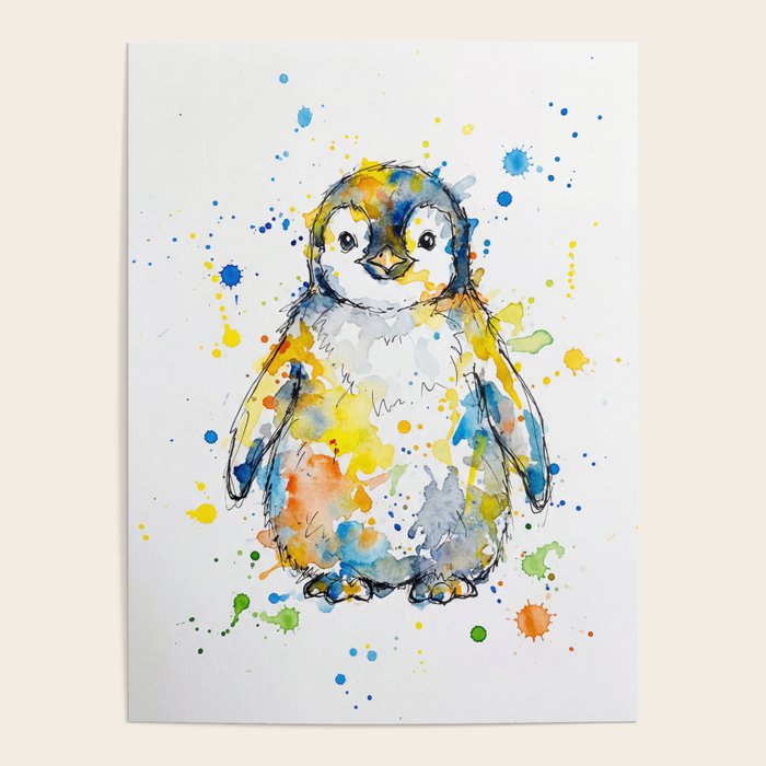 Baby Penguin Watercolour Ink Line Splatter Art Print Poster Gallery Image 4