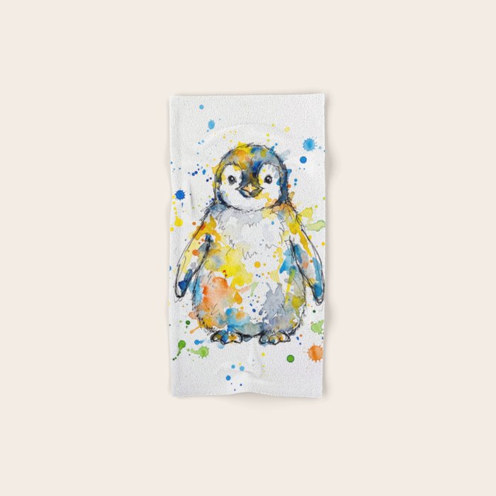 Baby Penguin Watercolour Ink Line Splatter Art Print Bath Towel Gallery Image 1