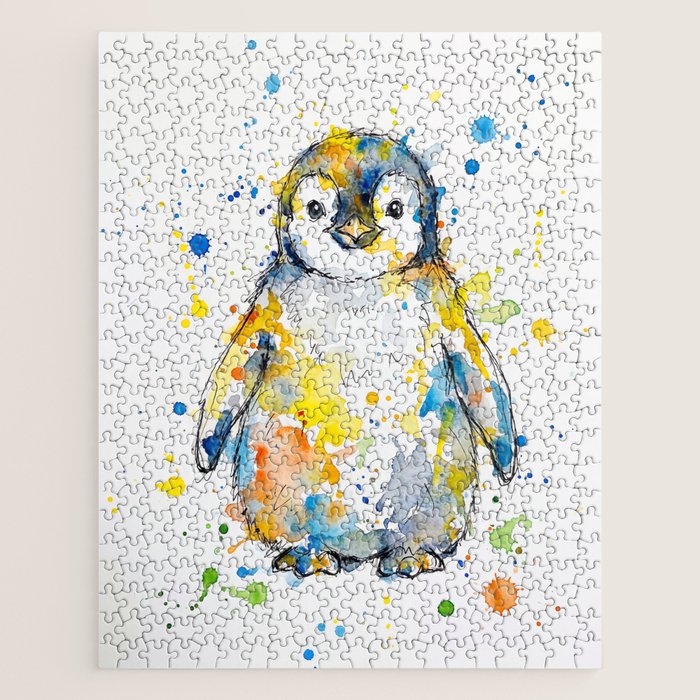 Baby Penguin Watercolour Ink Line Splatter Art Print Jigsaw Puzzle Gallery Image 1