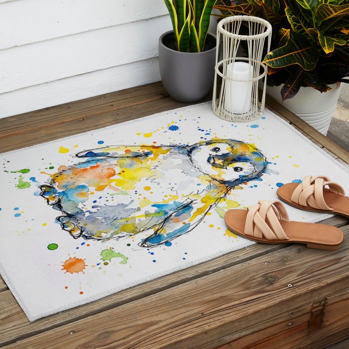 Baby Penguin Watercolour Ink Line Splatter Art Print Outdoor Rug Gallery Image 2