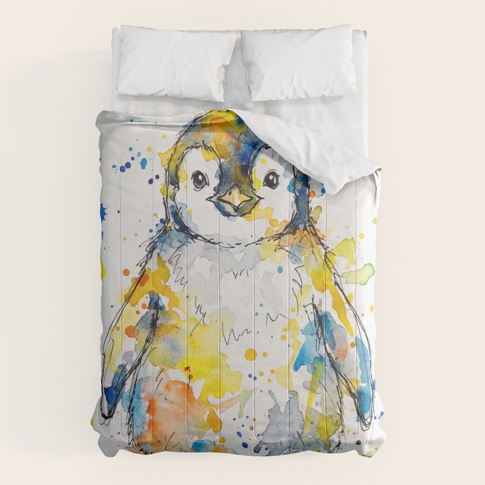 Baby Penguin Watercolour Ink Line Splatter Art Print Comforter Gallery Image 6