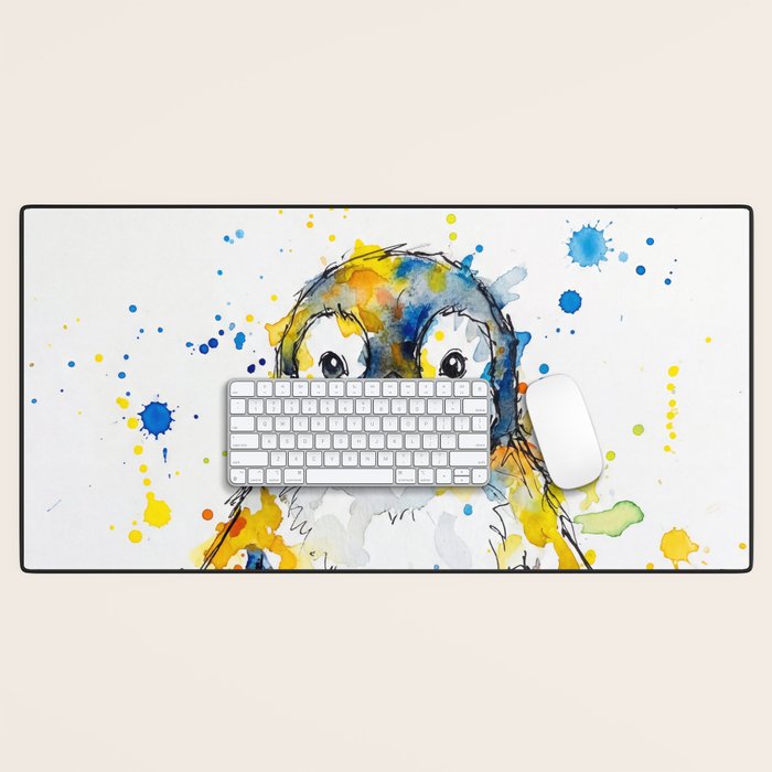 Baby Penguin Watercolour Ink Line Splatter Art Print Desk Mat Gallery Image 1
