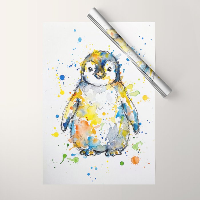 Baby Penguin Watercolour Ink Line Splatter Art Print Wrapping Paper Gallery Image 1