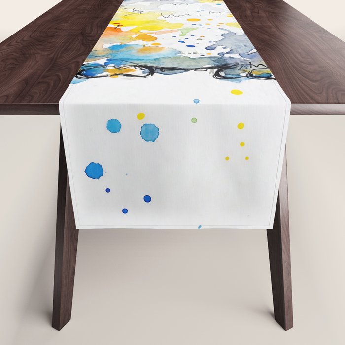 Baby Penguin Watercolour Ink Line Splatter Art Print Table Runner Gallery Image 1