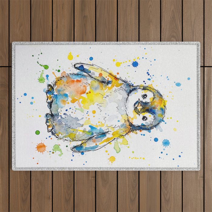 Baby Penguin Watercolour Ink Line Splatter Art Print Outdoor Rug Gallery Image 1