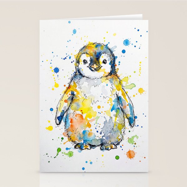 Baby Penguin Watercolour Ink Line Splatter Art Print Stationery Card Gallery Image 2