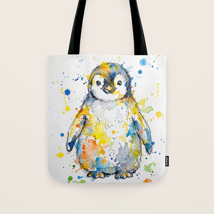 Baby Penguin Watercolour Ink Line Splatter Art Print Tote Bag Gallery Image 1