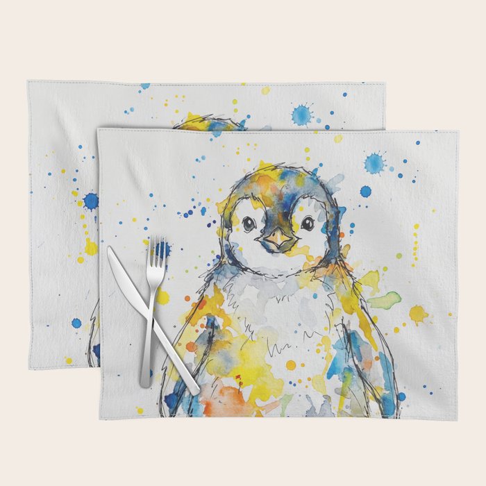 Baby Penguin Watercolour Ink Line Splatter Art Print Placemat Gallery Image 1