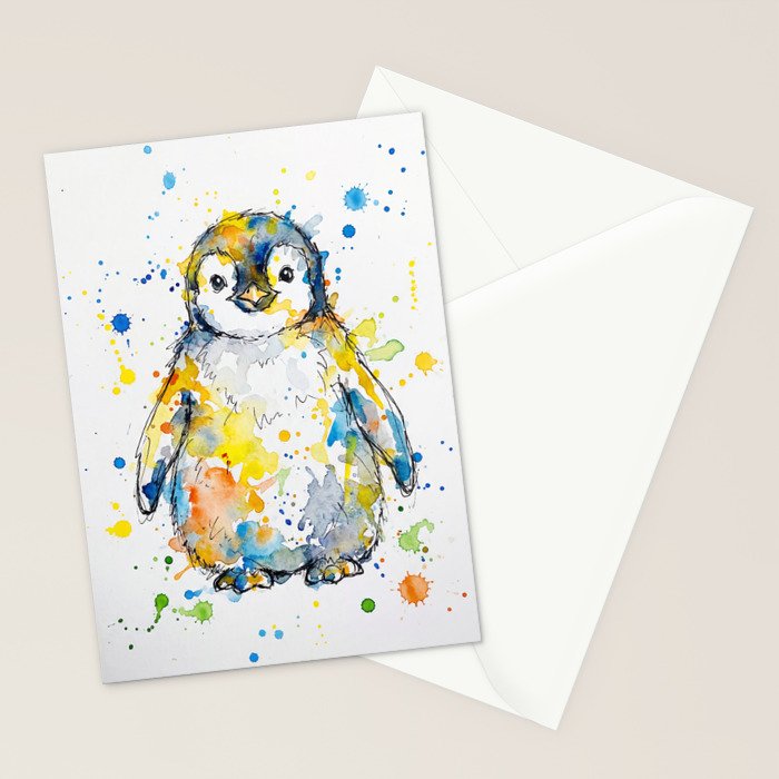 Baby Penguin Watercolour Ink Line Splatter Art Print Stationery Card Gallery Image 2