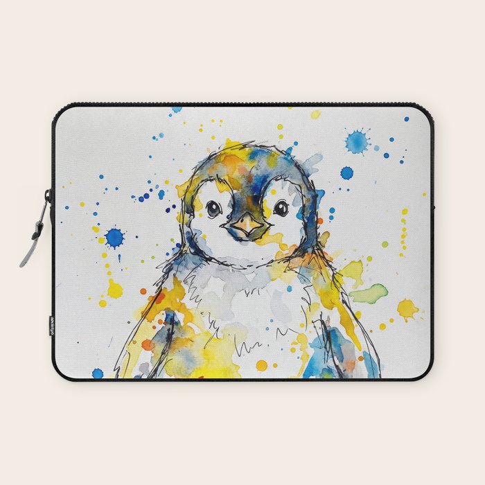 Baby Penguin Watercolour Ink Line Splatter Art Print Laptop Sleeve Gallery Image 1