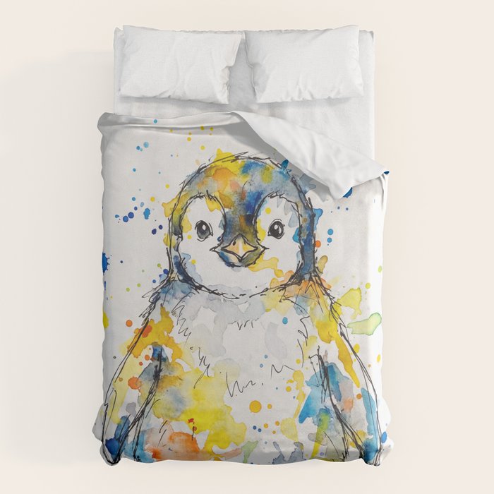 Baby Penguin Watercolour Ink Line Splatter Art Print Duvet Cover Gallery Image 6