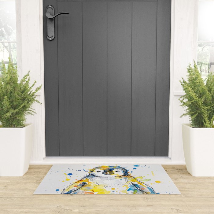 Baby Penguin Watercolour Ink Line Splatter Art Print Welcome Mat Gallery Image 3