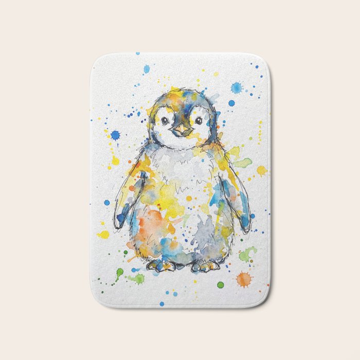 Baby Penguin Watercolour Ink Line Splatter Art Print Bath Mat Gallery Image 1
