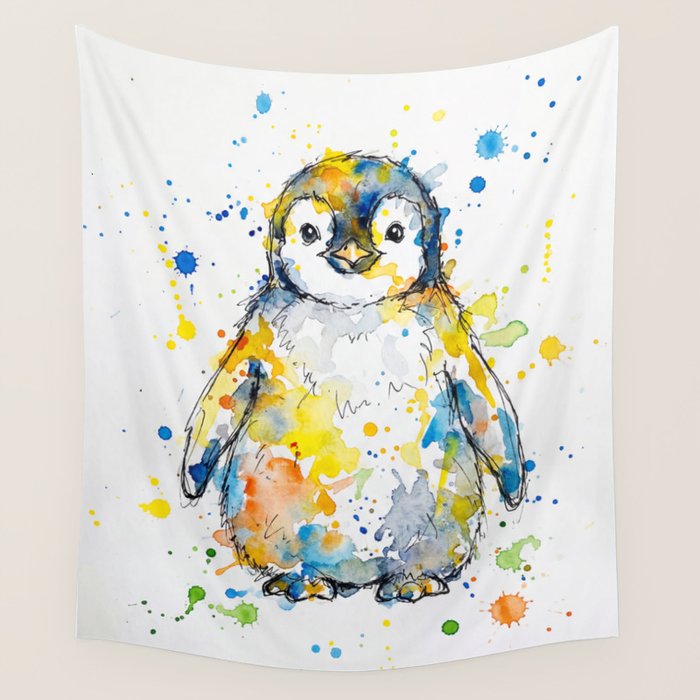 Baby Penguin Watercolour Ink Line Splatter Art Print Wall Tapestry Gallery Image 1