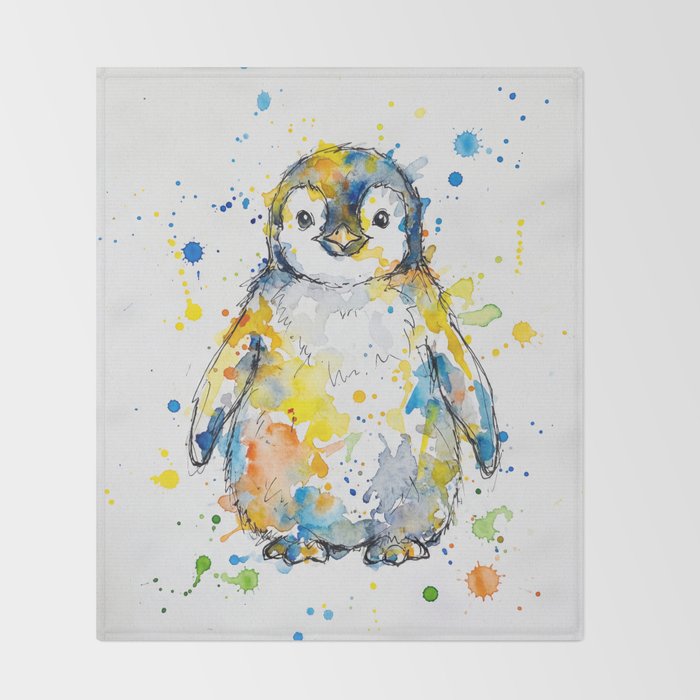 Baby Penguin Watercolour Ink Line Splatter Art Print Throw Blanket Gallery Image 2