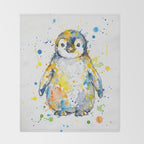 Baby Penguin Watercolour Ink Line Splatter Art Print Throw Blanket Gallery Image 2