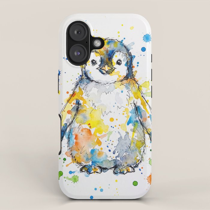 Baby Penguin Watercolour Ink Line Splatter Art Print iPhone Case Gallery Image 1