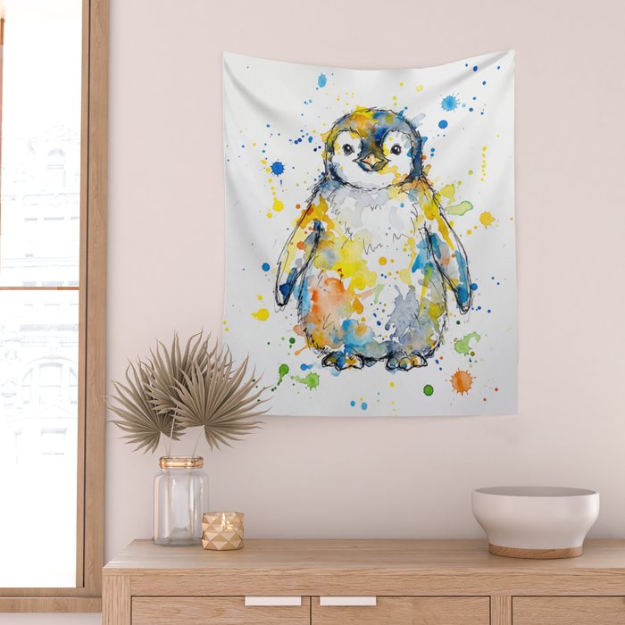 Baby Penguin Watercolour Ink Line Splatter Art Print Wall Tapestry Gallery Image 2