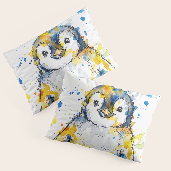 Baby Penguin Watercolour Ink Line Splatter Art Print Pillow Sham Gallery Image 3
