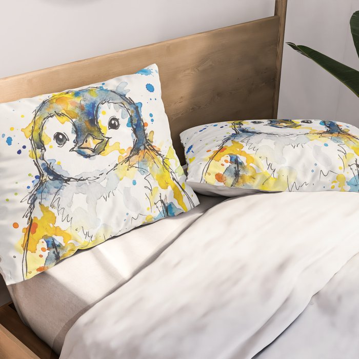 Baby Penguin Watercolour Ink Line Splatter Art Print Pillow Sham Gallery Image 2