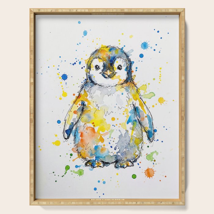 Baby Penguin Watercolour Ink Line Splatter Art Print Serving Tray Gallery Image 1