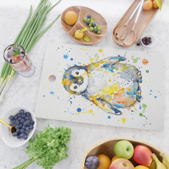 Baby Penguin Watercolour Ink Line Splatter Art Print Cutting Board Gallery Image 2