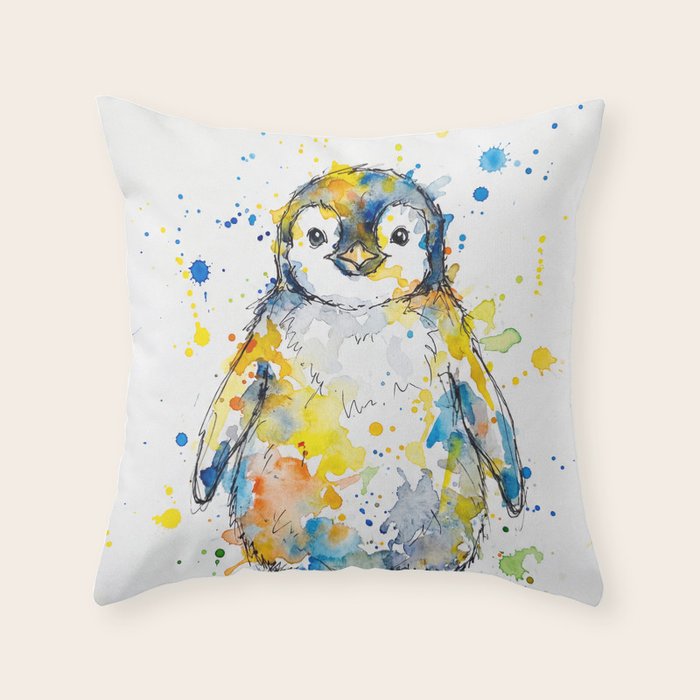 Baby Penguin Watercolour Ink Line Splatter Art Print Throw Pillow Gallery Image 1