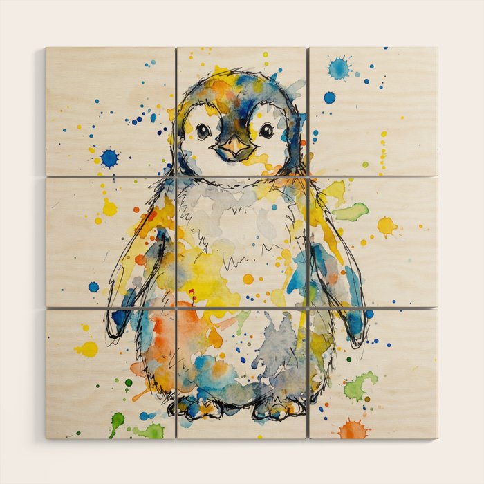 Baby Penguin Watercolour Ink Line Splatter Art Print Wood Wall Art Gallery Image 1