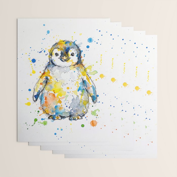 Baby Penguin Watercolour Ink Line Splatter Art Print Wrapping Paper Gallery Image 3