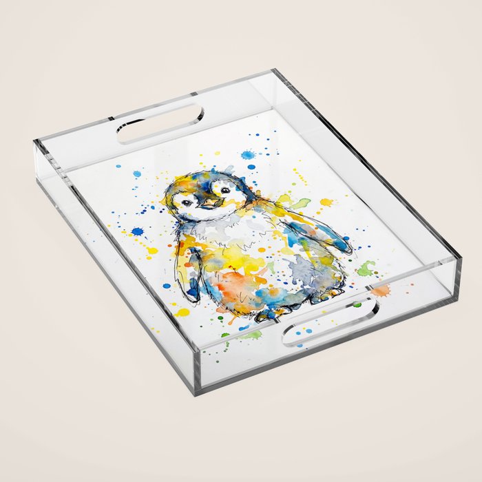 Baby Penguin Watercolour Ink Line Splatter Art Print Acrylic Tray Gallery Image 1