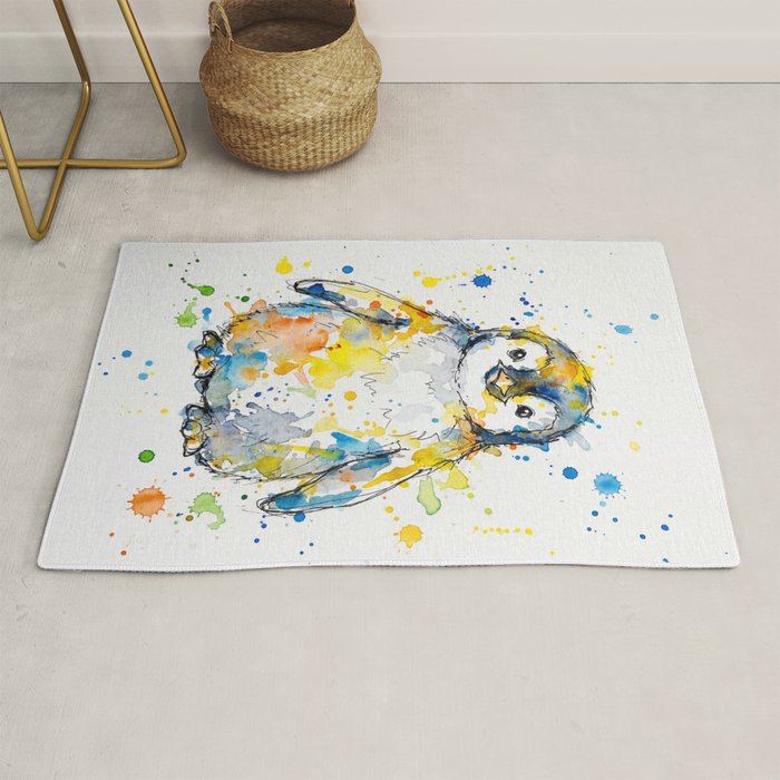 Baby Penguin Watercolour Ink Line Splatter Art Print Rug Gallery Image 1