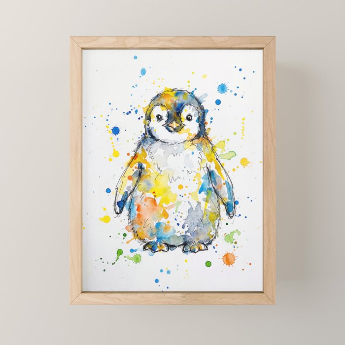 Baby Penguin Watercolour Ink Line Splatter Art Print Mini Art Print Gallery Image 1