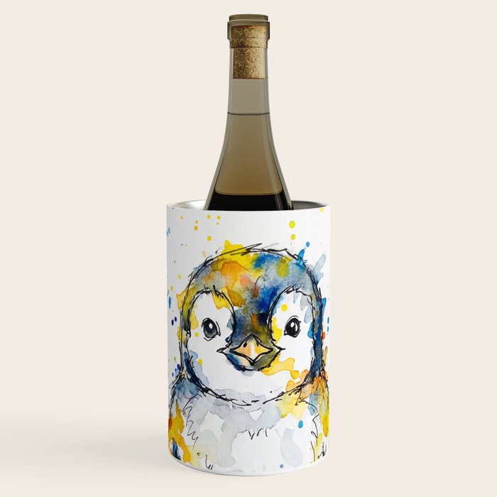 Baby Penguin Watercolour Ink Line Splatter Art Print Wine Chiller Gallery Image 1