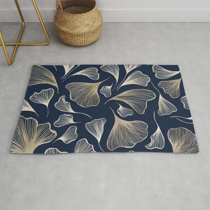 Festive, Gingko Leaves, Floral Prints, Navy Blue Rug Gallery Image 1