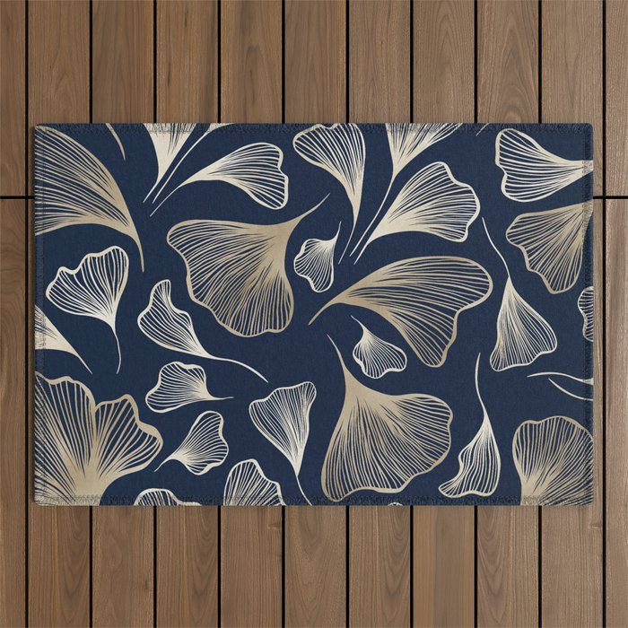 Festive, Gingko Leaves, Floral Prints, Navy Blue Outdoor Rug Gallery Image 1