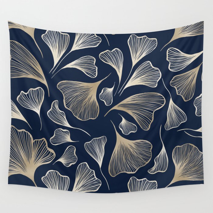 Festive, Gingko Leaves, Floral Prints, Navy Blue Wall Tapestry Gallery Image 4