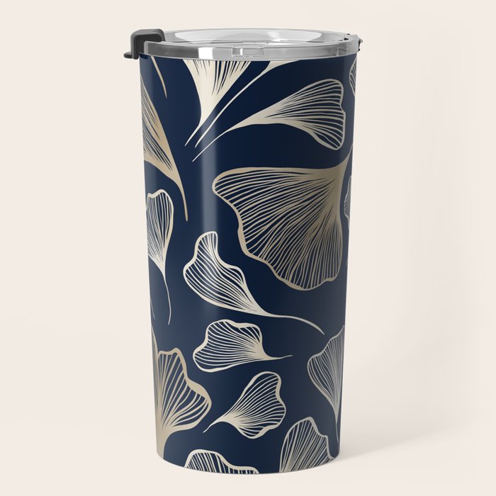 Festive, Gingko Leaves, Floral Prints, Navy Blue Travel Mug Gallery Image 3