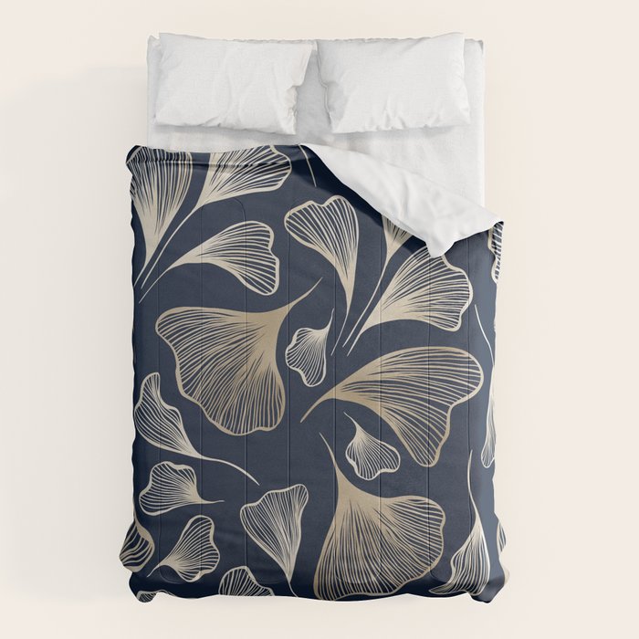 Festive, Gingko Leaves, Floral Prints, Navy Blue Comforter Gallery Image 1