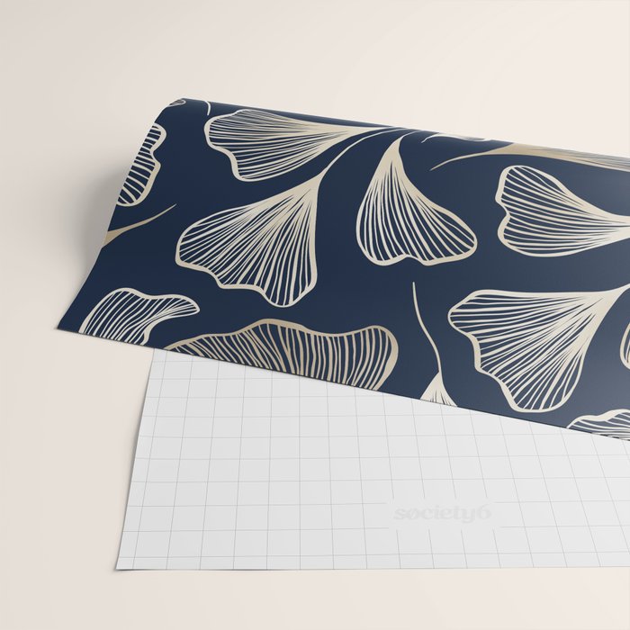 Festive, Gingko Leaves, Floral Prints, Navy Blue Wrapping Paper Gallery Image 2