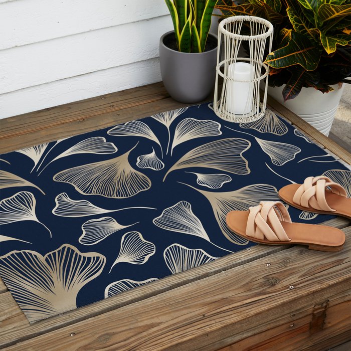 Festive, Gingko Leaves, Floral Prints, Navy Blue Outdoor Rug Gallery Image 2