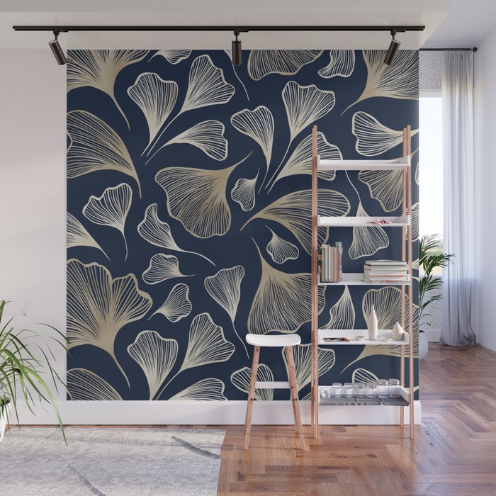 Festive, Gingko Leaves, Floral Prints, Navy Blue Wall Mural Gallery Image 1