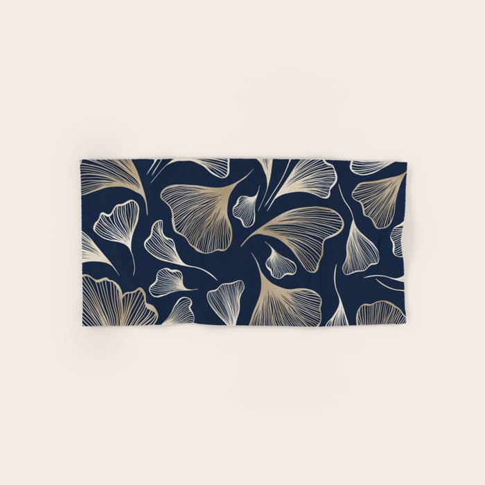 Festive, Gingko Leaves, Floral Prints, Navy Blue Bath Towel Gallery Image 1